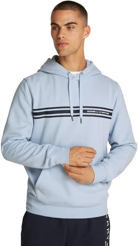Tommy Hilfiger Men’s Central Chest Stripe Hoodie, Blue (Breezy Blue), L