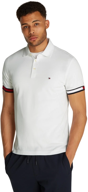 Tommy Hilfiger Men’s Short Sleeve Flag Cuff Slim Fit Polo Shirt, White (White), XXL