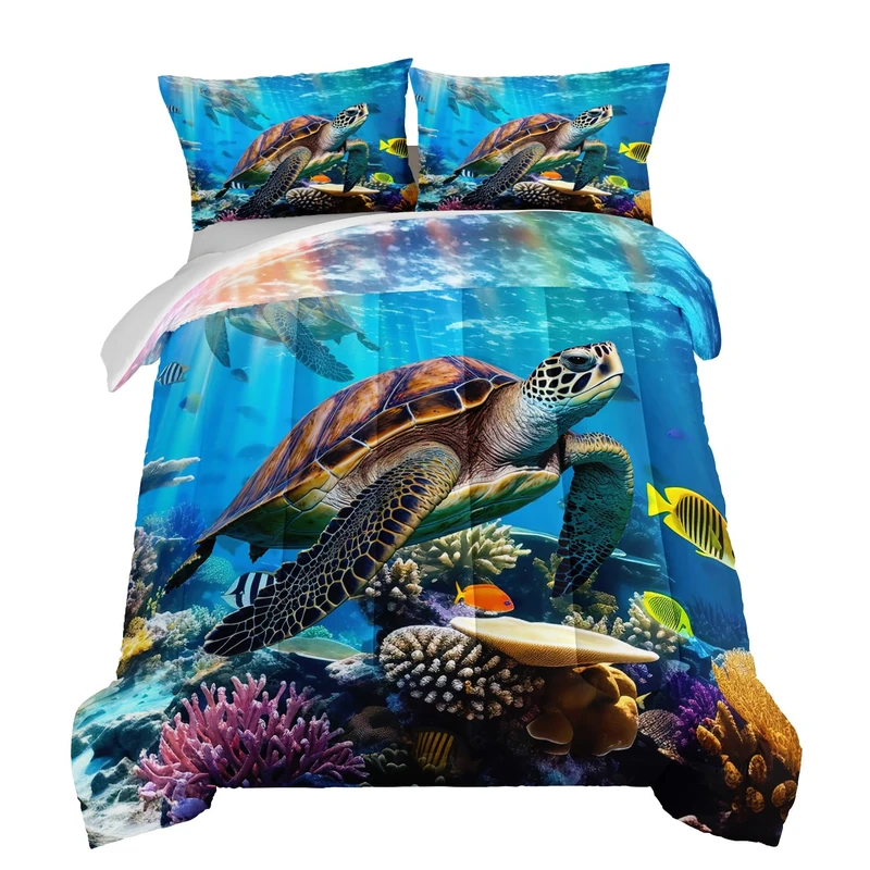 HOSIMA Coastal Beach Themed Bedding Set,Retro Turtle Comforter Full Size for Kids Teens Boys Girls Room Decor,Underwater World Coral Fish Printed Bedding Set with 2 Pillowcases.