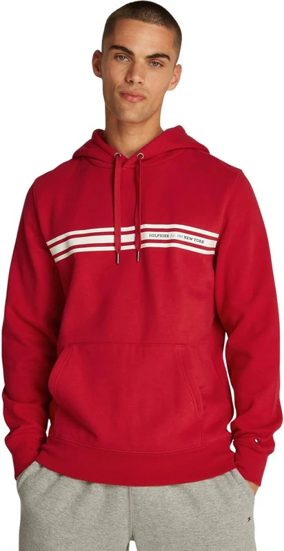Tommy Hilfiger Men’s Central Chest Stripe Hoodie, Multicolor (Medium Red), XL