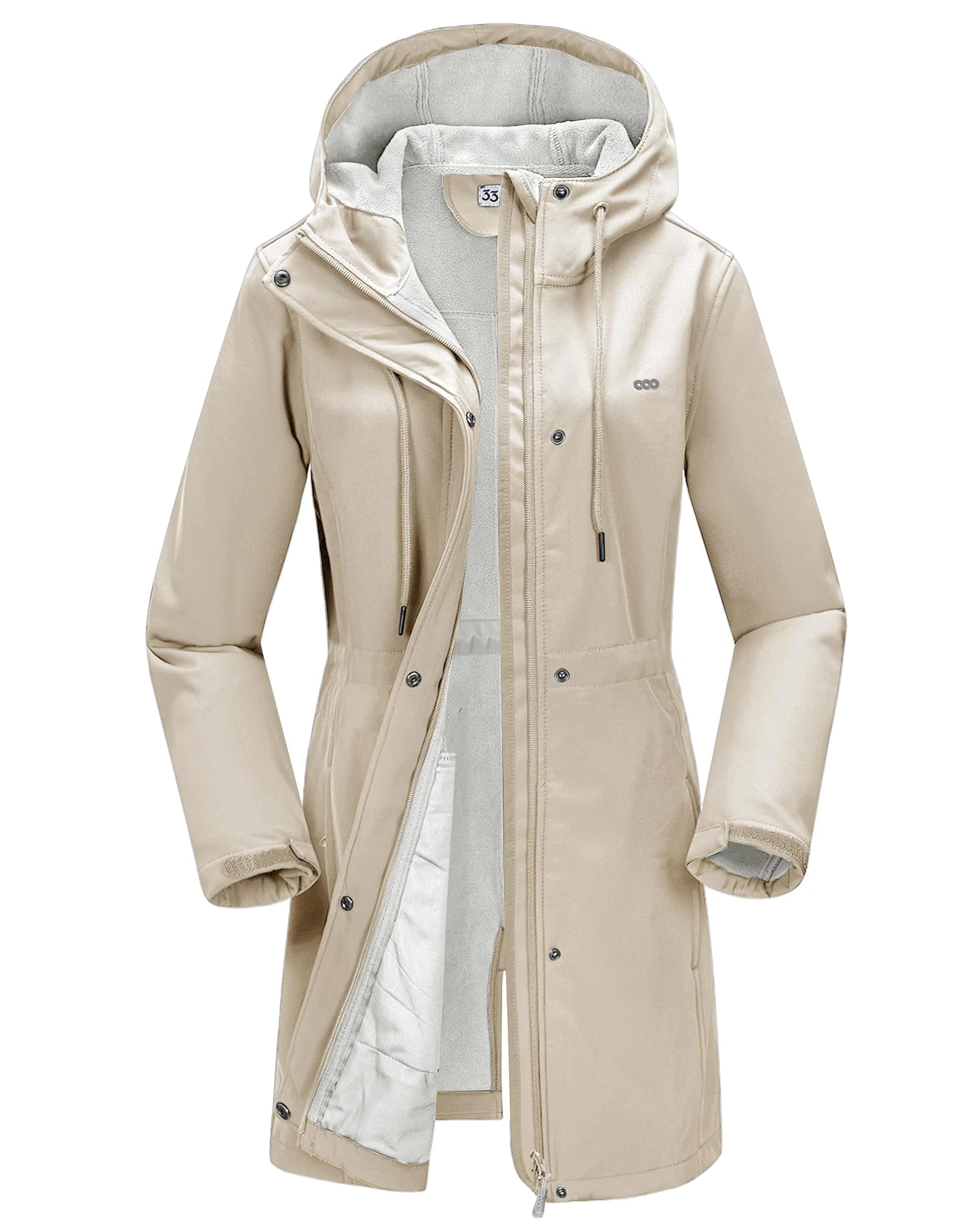 33,000ft Women’s Softshell Jacket with Hood Waterproof Ladies Functional Jacket Fleece Lined Windbreaker Breathable Raincoat Hooded Long Coats for Cycling Hiking Outdoor Light Khaki XS