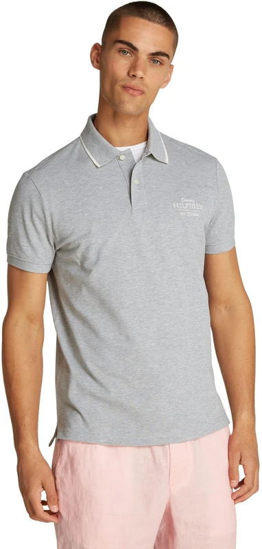 Tommy Hilfiger Men’s Left Chest Graphic Short Sleeve Regular Fit Polo Shirt, Grey (Light Grey Melange), XL