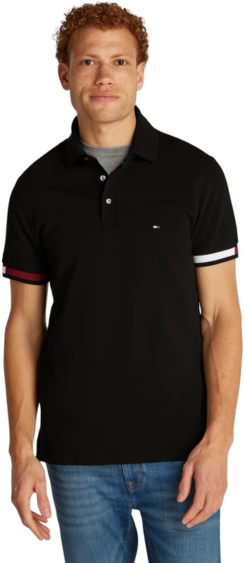 Tommy Hilfiger Men’s Short Sleeve Flag Cuff Slim Fit Polo Shirt, Black (Black), 3XL