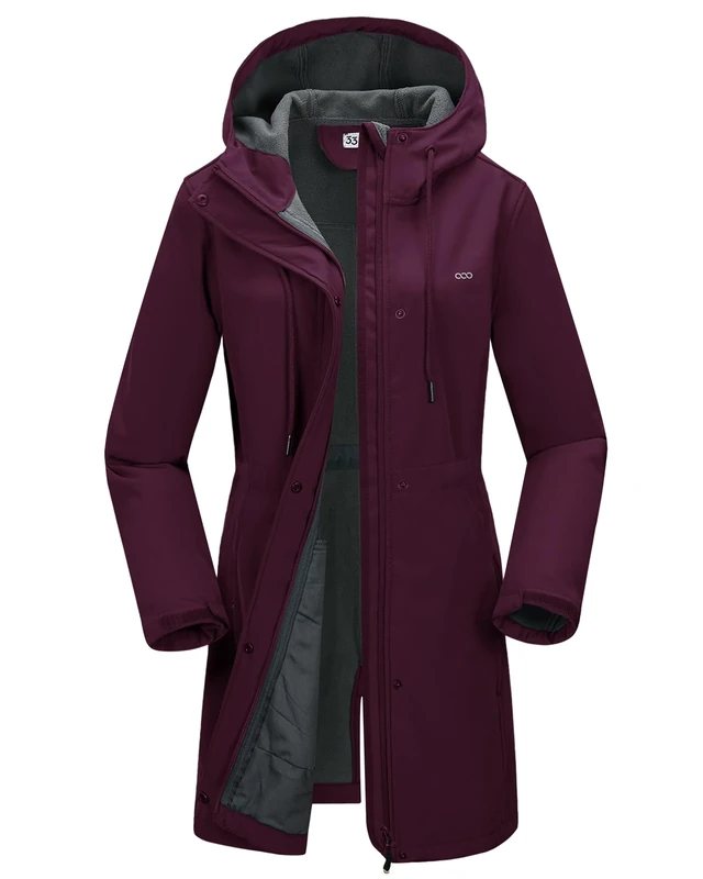 33,000ft Women’s Softshell Jacket with Hood Waterproof Ladies Functional Jacket Fleece Lined Windbreaker Breathable Raincoat Hooded Long Coats for Cycling Hiking Outdoor Rose Carmine XL