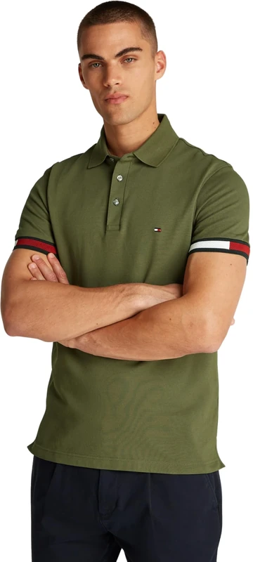 Tommy Hilfiger Men’s Short Sleeve Flag Cuff Slim Fit Polo Shirt, Green (Army Green), 3XL