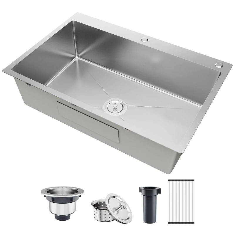 DuyviSteil 33x22 Inch Topmount or Drop in Kitchen Sink Worktation 16 Gauge Stainless Steel Single Bowl Kitchen Sink with Drainpipe