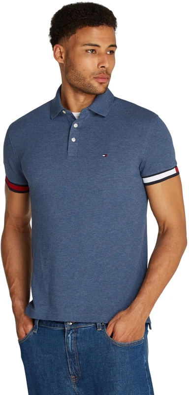 Tommy Hilfiger Men’s Short Sleeve Flag Cuff Slim Fit Polo Shirt, Blue (Faded Indigo Heather), 3XL