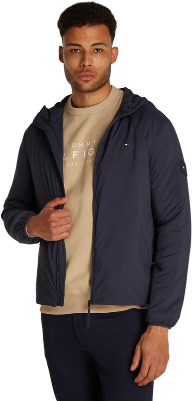 Tommy Hilfiger Men’s Tech Packaway Windbreaker with Hood, Blue (Desert Sky), XXL