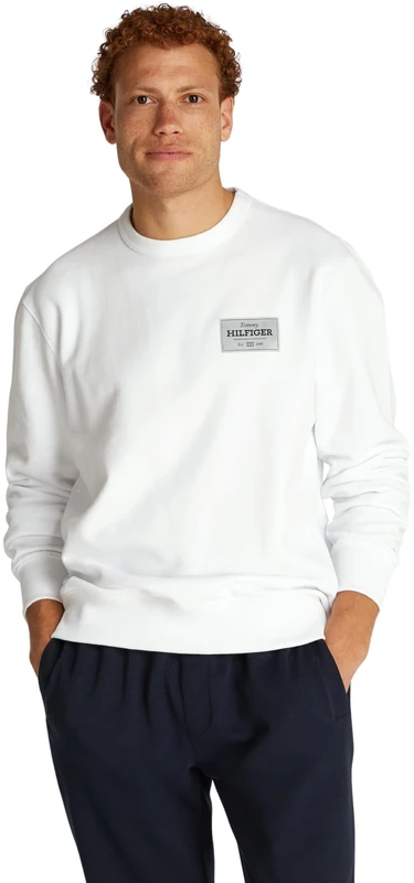 Tommy Hilfiger Men’s Monotype Label Round Neck Sweatshirt, White (White), S