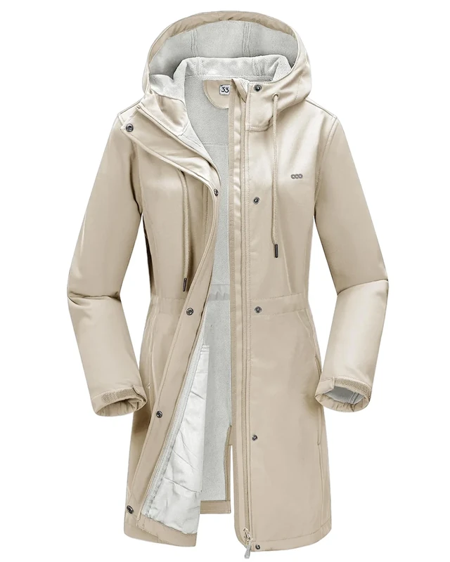 33,000ft Women’s Softshell Jacket with Hood Waterproof Ladies Functional Jacket Fleece Lined Windbreaker Breathable Raincoat Hooded Long Coats for Cycling Hiking Outdoor Light Khaki M