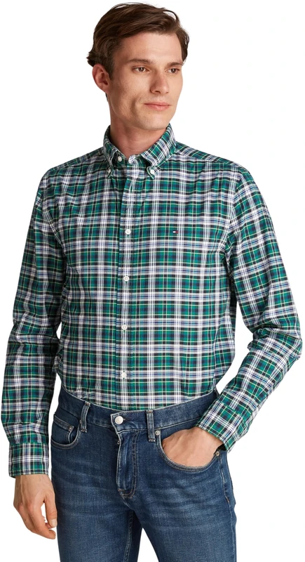 Tommy Hilfiger Men’s Flex Poplin Plaid Regular Fit Shirt, Multicolor (Nouveau Green/Allover), S