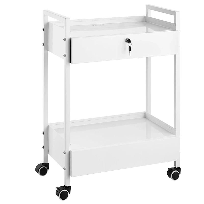 VEVOR Lab Cart, 2 Tiers Stainless Steel Utility Car, Medical Tool with 2 Drawers, Rolling Lab Tools White Paint, Serving Cart with Swivel Casters for Laboratory, Hospital, Dental, Salon and Beauty
