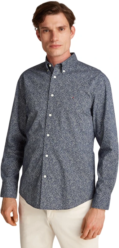 Tommy Hilfiger Men’s Flex Poplin Cotton Shirt, Multicolor (Night Sky/Ivory Petal PRT), XS