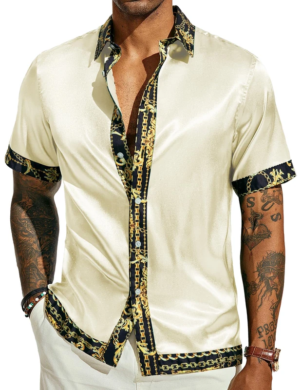 PJ PAUL JONES Mens Short Sleeve Button Down Shirts Casual Stretch Satin Silk Hawaiian Beach Shirt, Apricot, Medium
