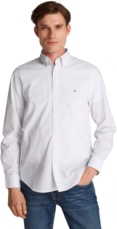 Tommy Hilfiger Men’s Flex Poplin Polka Dot Regular Fit Shirt, White (Optic White/Navy Dot), XL