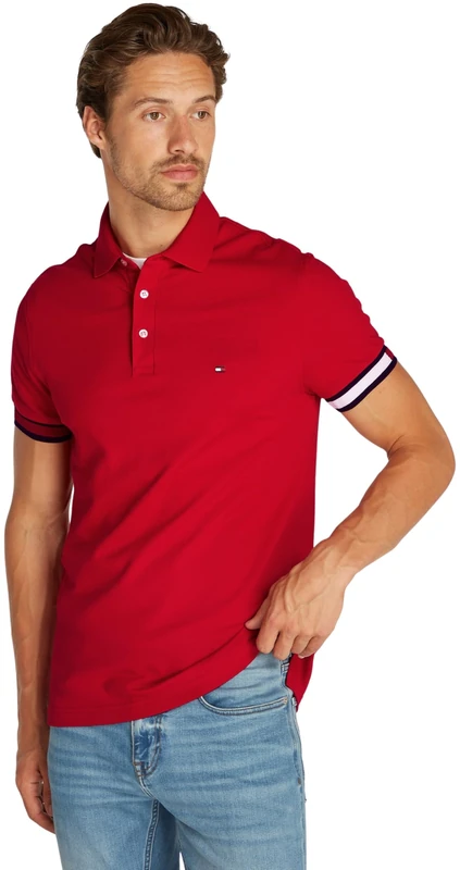 Tommy Hilfiger Men’s Short Sleeve Flag Cuff Slim Fit Polo Shirt, Multicolor (Medium Red), 3XL