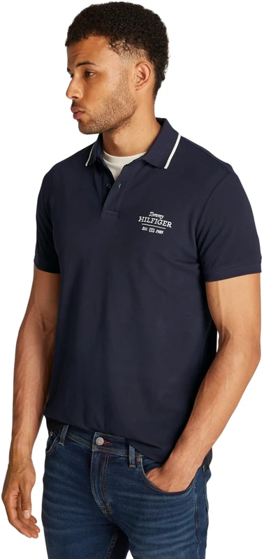 Tommy Hilfiger Men’s Left Chest Graphic Short Sleeve Regular Fit Polo Shirt, Blue (Desert Sky), L