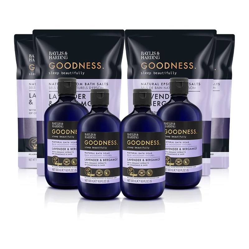 Baylis & Harding Goodness Sleep Lavender & Bergamot Bundle: 4 x 500 ml Bath Soak & 4 x 1 kg Bath Salts - Vegan Friendly