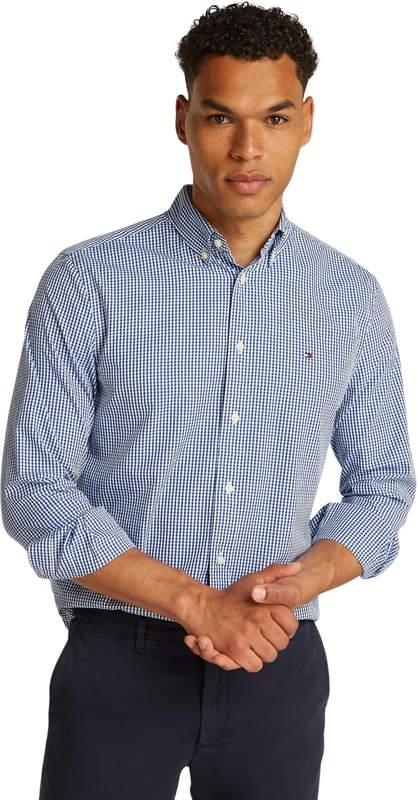Tommy Hilfiger Men’s Flex Poplin Gingham Regular Fit Shirt, Multicolor (Wedge Blue/Optic White), S