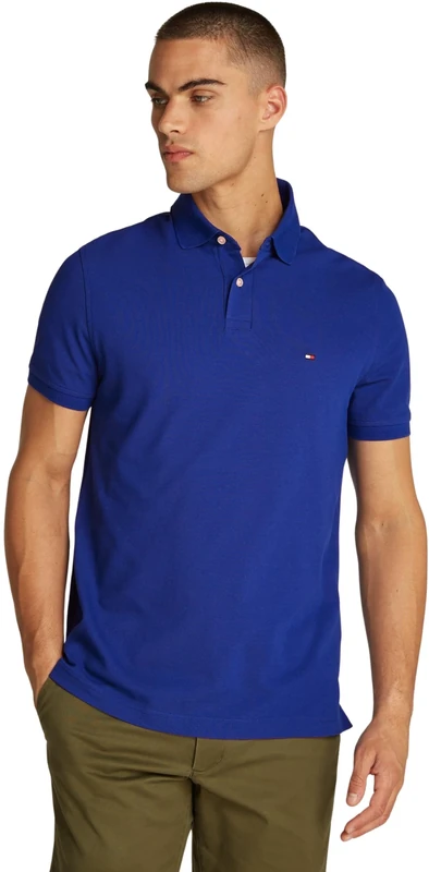 Tommy Hilfiger Men’s Short Sleeve Regular Fit Polo Shirt with Button Placket, Blue (Wedge Blue), XS