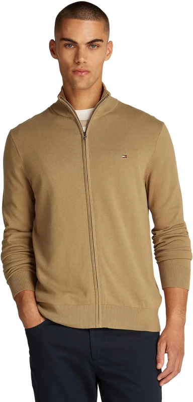 Tommy Hilfiger Men’s Essential Cotton Stand Collar Jumper with Zip, Beige (Safari Canvas), XXL