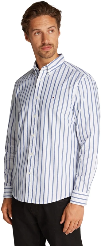 Tommy Hilfiger Men’s Flex Poplin Nautical Cotton Shirt, Multicolor (Optic White/Wedge Blue), XL