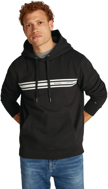 Tommy Hilfiger Men’s Central Chest Stripe Hoodie, Black (Black), XL