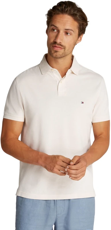 Tommy Hilfiger Men’s Short Sleeve Regular Fit Polo Shirt with Button Placket, Off-White (Ivory Petal), XS - Image 1