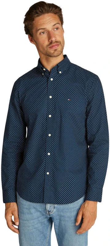 Tommy Hilfiger Men’s Flex Poplin Polka Dot Regular Fit Shirt, Blue (Night Sky/Multi Dot), XS