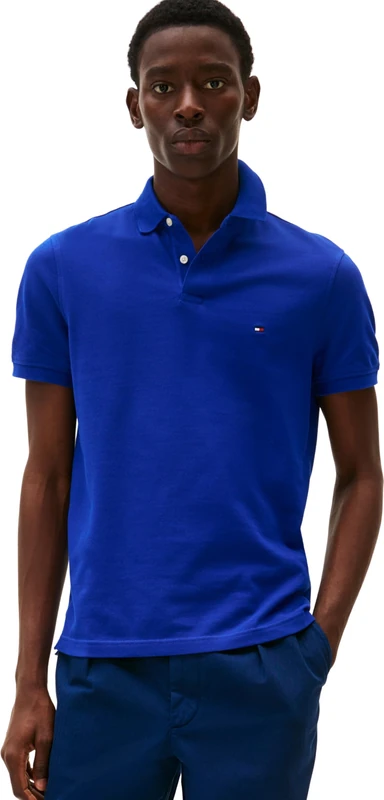 Tommy Hilfiger Men’s Short Sleeve Regular Fit Polo Shirt with Button Placket, Blue (Wedge Blue), S