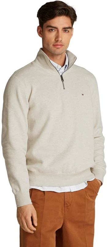 Tommy Hilfiger Men’s Essential Half Zip Fleece Sweatshirt, Beige (Heathered Oatmilk), XS