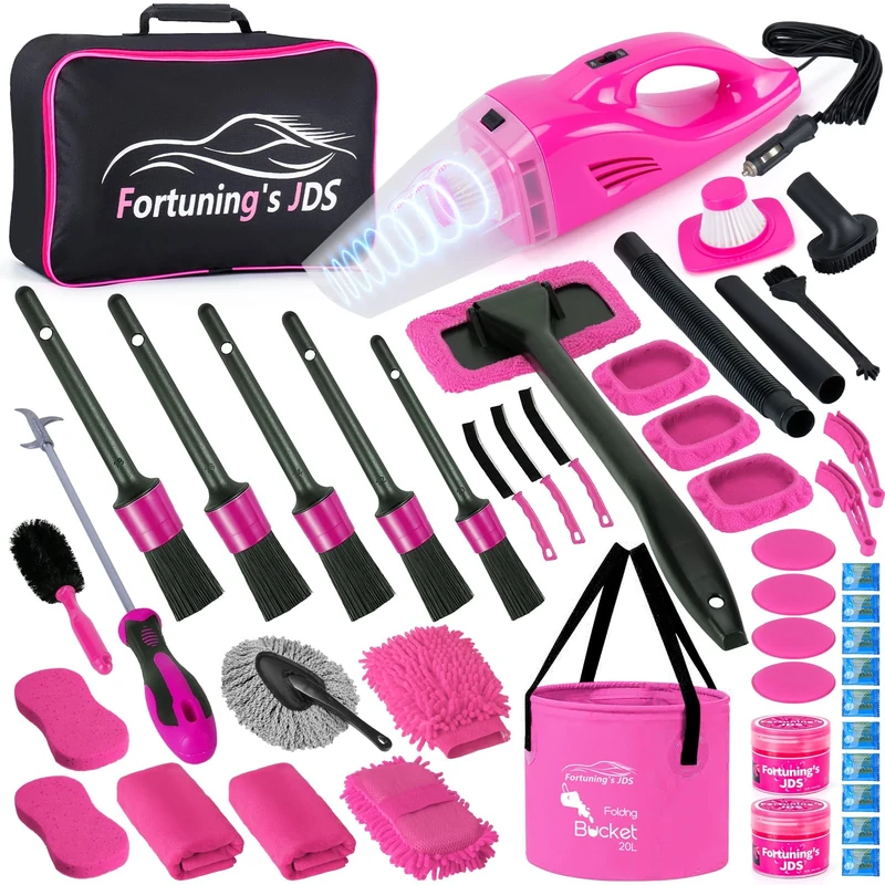 47PCS Car Detailing Kit Interior Cleaner, Car Cleaning Supplies with High Power Car Vacuum Cleaner,Auto Detailing Kit,Car Wash Kit with Bucket Detailing Brush Set, Pink Car Accessories for Women