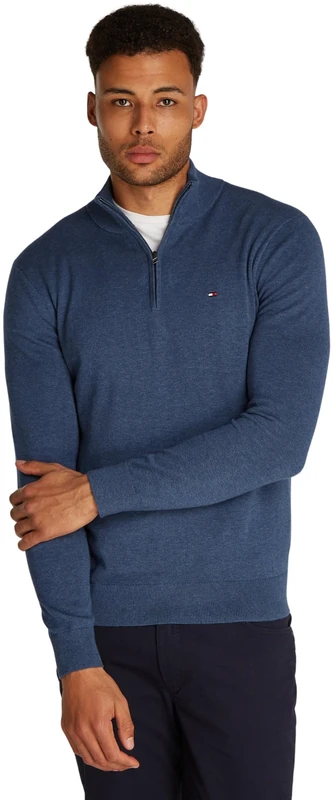 Tommy Hilfiger Men’s Mock Neck Half Zip Jumper, Blue (Aegean Sea Heather), XL