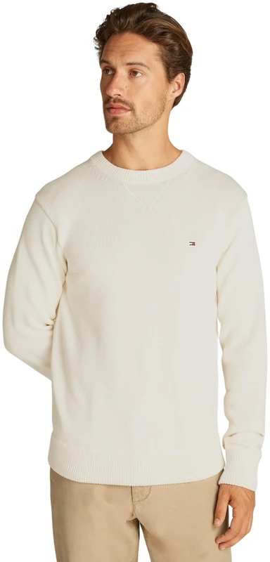 Tommy Hilfiger Men’s Chunky Cotton Crew Neck Knitted Jumper, Off-White (Ivory Petal), XL