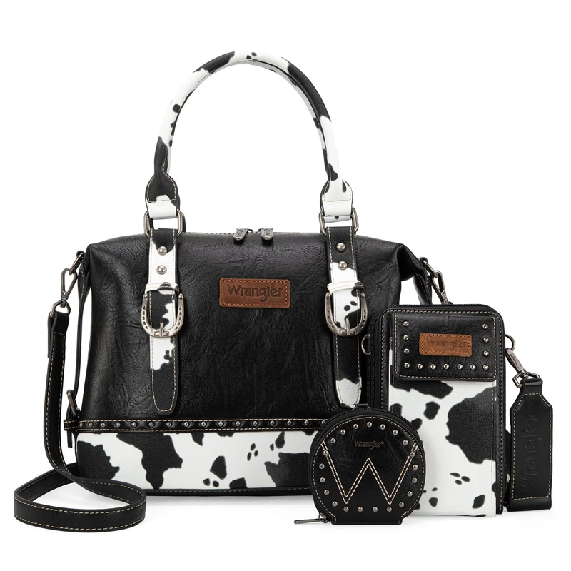 Wrangler 3Pcs Doctor Bag Sets for Women Top-handle Satchel Bag with Cell Phone Handbags and Coin Purse, Black Cow Print