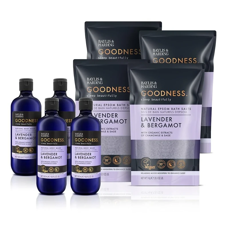 Baylis & Harding Goodness Sleep Lavender & Bergamot Bundle: 4 x 500 ml Body Wash & 4 x 1 kg Bath Salts - Vegan Friendly