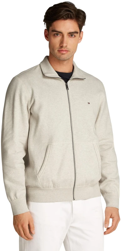 Tommy Hilfiger Men’s Essential Fleece Stand Collar Zipped Sweatshirt, Beige (Heathered Oatmilk), S