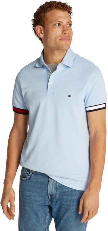 Tommy Hilfiger Men’s Short Sleeve Flag Cuff Slim Fit Polo Shirt, Blue (Sweet Blue), S