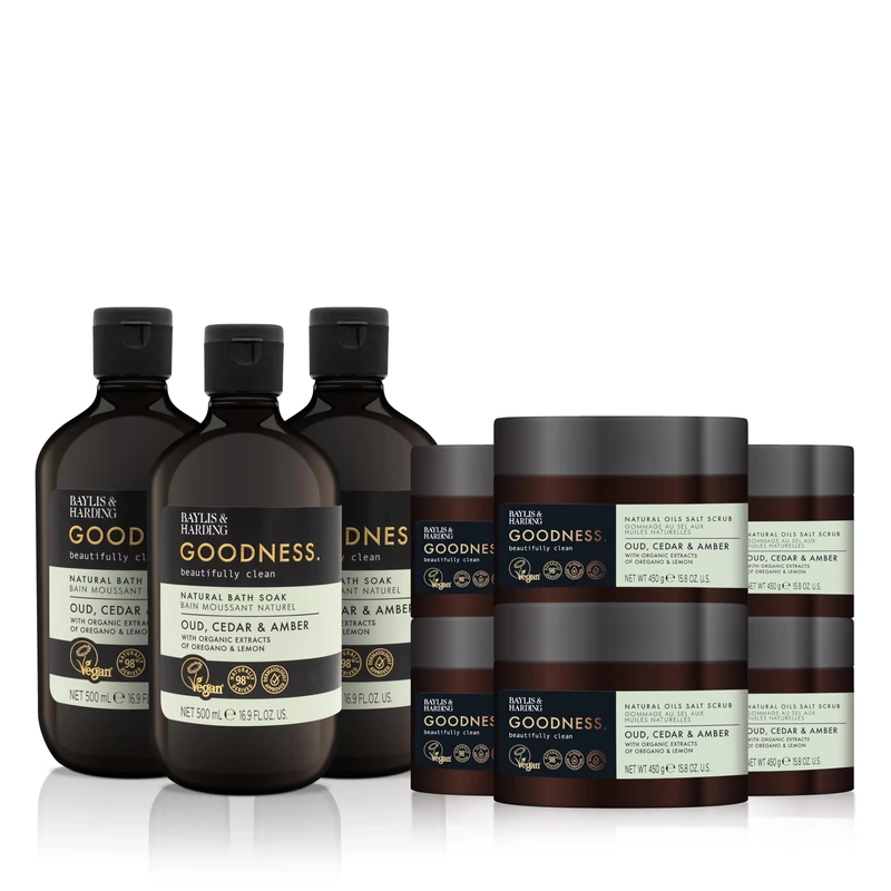 Baylis & Harding Goodness Oud, Cedar & Amber Bundle: 3 x 500 ml Bath Soak & 6 x 450 g Salt Scrub - Vegan Friendly