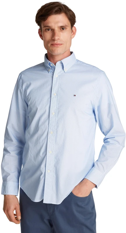 Tommy Hilfiger Men’s Flex Poplin Fake Solid Regular Fit Shirt, Blue (Optic White PRT), XS