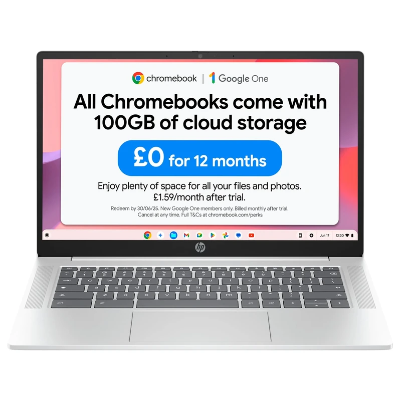 HP Chromebook 14" | Intel N100 Processor | 8 GB RAM | 128 GB Flash Storage | Intel UHD Graphics | FHD Display | Up to 12.25 Hours Battery | Chrome OS | Dual Speakers | Glacier Silver | 14a-nf0003sa