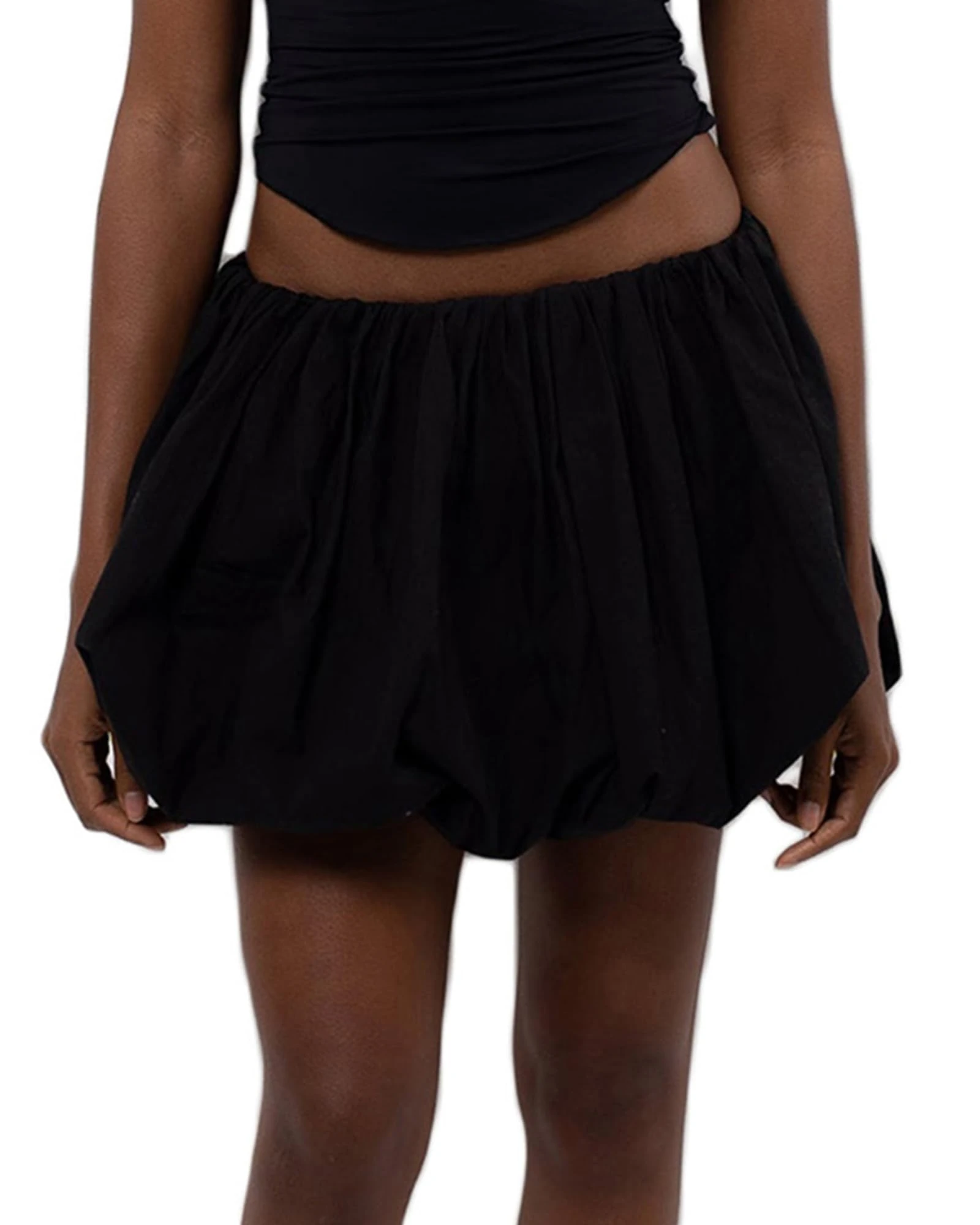 Y2K Women's Puff Mini Skirt - Casual Loose Fitting Elastic Waist Solid Color Short Puffball Skirt (A-Black, L)