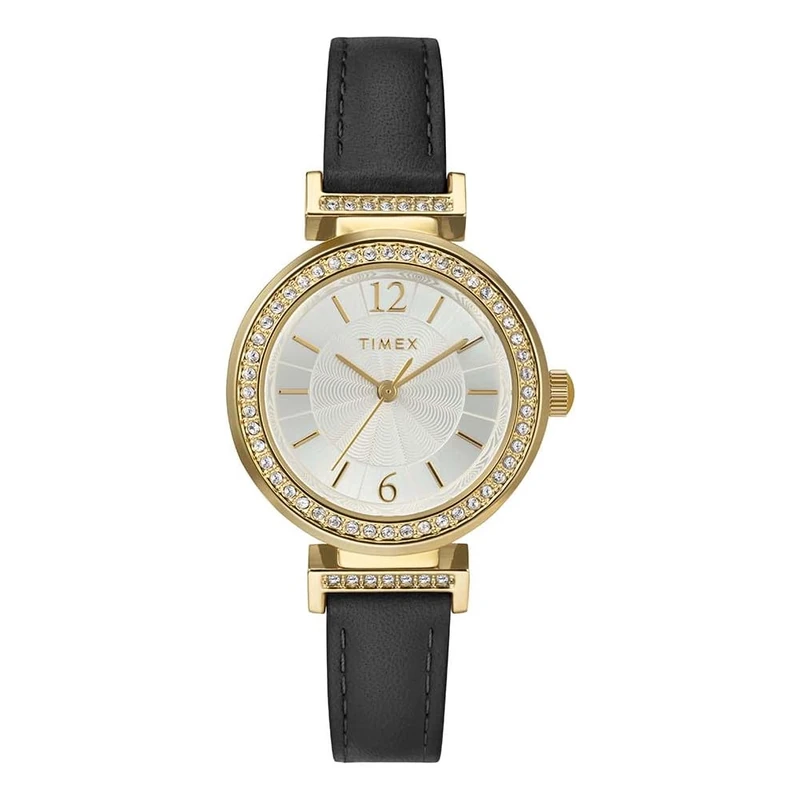 Timex Women's Dress 31mm Watch, Black Leather Strap Silver-Tone Dial Gold-Tone Case