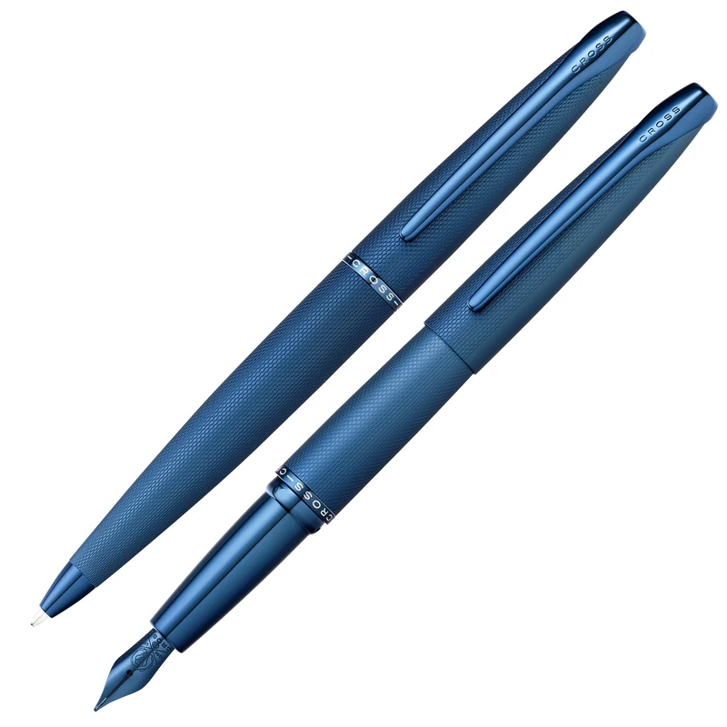 Cross ATX Ballpoint Pen and Fountain Pen Gift Set (Medium Line or Nib Size) Brushed Dark Blue Ink Colour Black