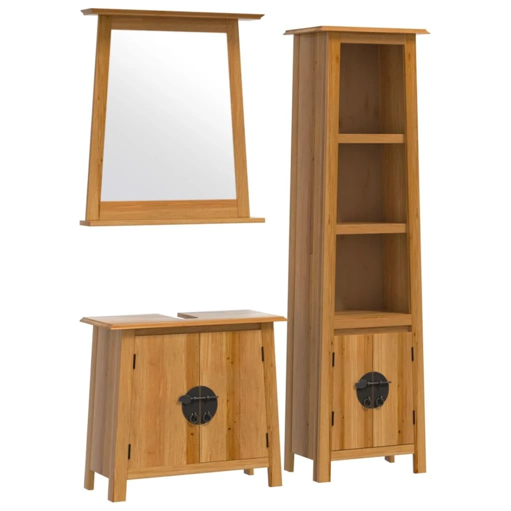 vidaXL Solid Pine Wood Retro Bathroom Furniture Set - Brown Storage Cabinet, Tall Cupboard & Non-Distorted Mirror - Ample Organizational Space