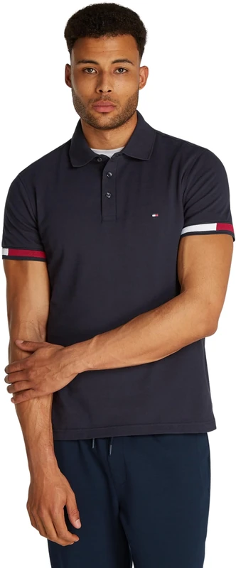 Tommy Hilfiger Men’s Short Sleeve Flag Cuff Slim Fit Polo Shirt, Blue (Desert Sky), XL