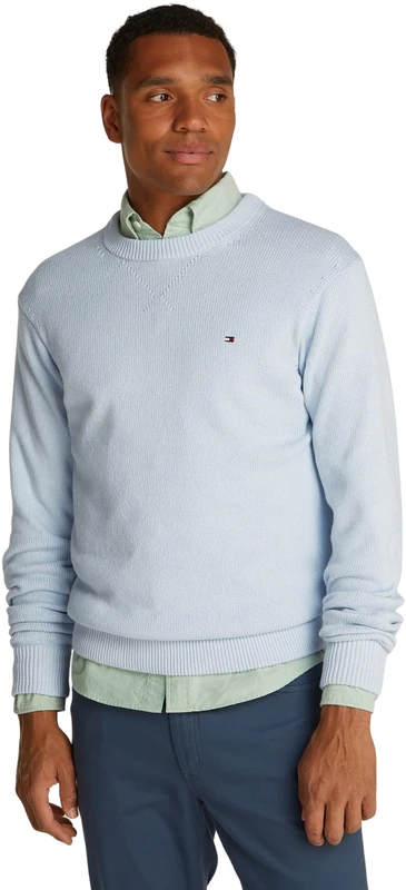 Tommy Hilfiger Men’s Chunky Cotton Crew Neck Knitted Jumper, Blue (Breezy Blue Mouline), 3XL