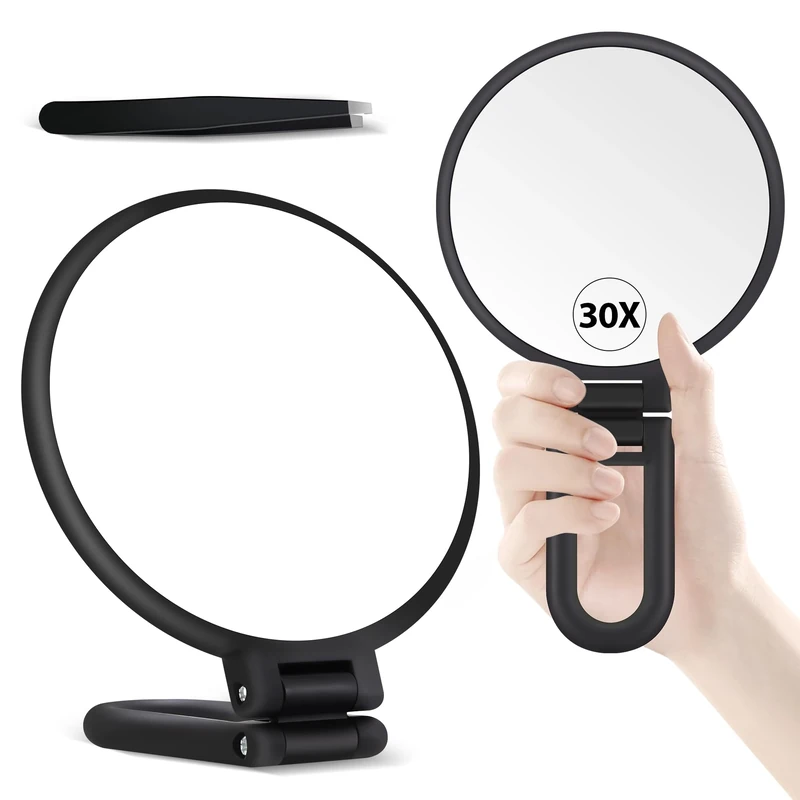 MIYADIVA 30X Magnifying Mirror, Hand Mirror with Handle, Double Sided Hand with 30X/1X Magnification, Travel Essential, Portable Foldable Makeup for Precision Makeup Frosted Black