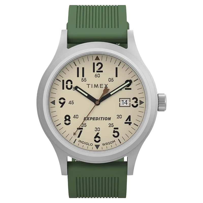 Timex Men's Expedition Scout 40mm Watch, Green Silicone Strap Natural Dial IP Steel Case
