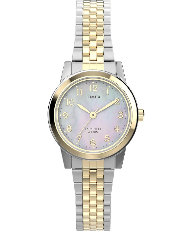 Timex Women's Main Street 25mm Watch, Mother of Pearl Dial Two-Tone Case, Two-Tone Stainless Steel Expansion Band with Perfect Fit TW2W35300